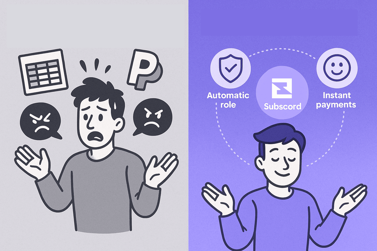 Infographic comparing the hassle of manual payment management vs. the ease of using a discord bot to manage payments.
