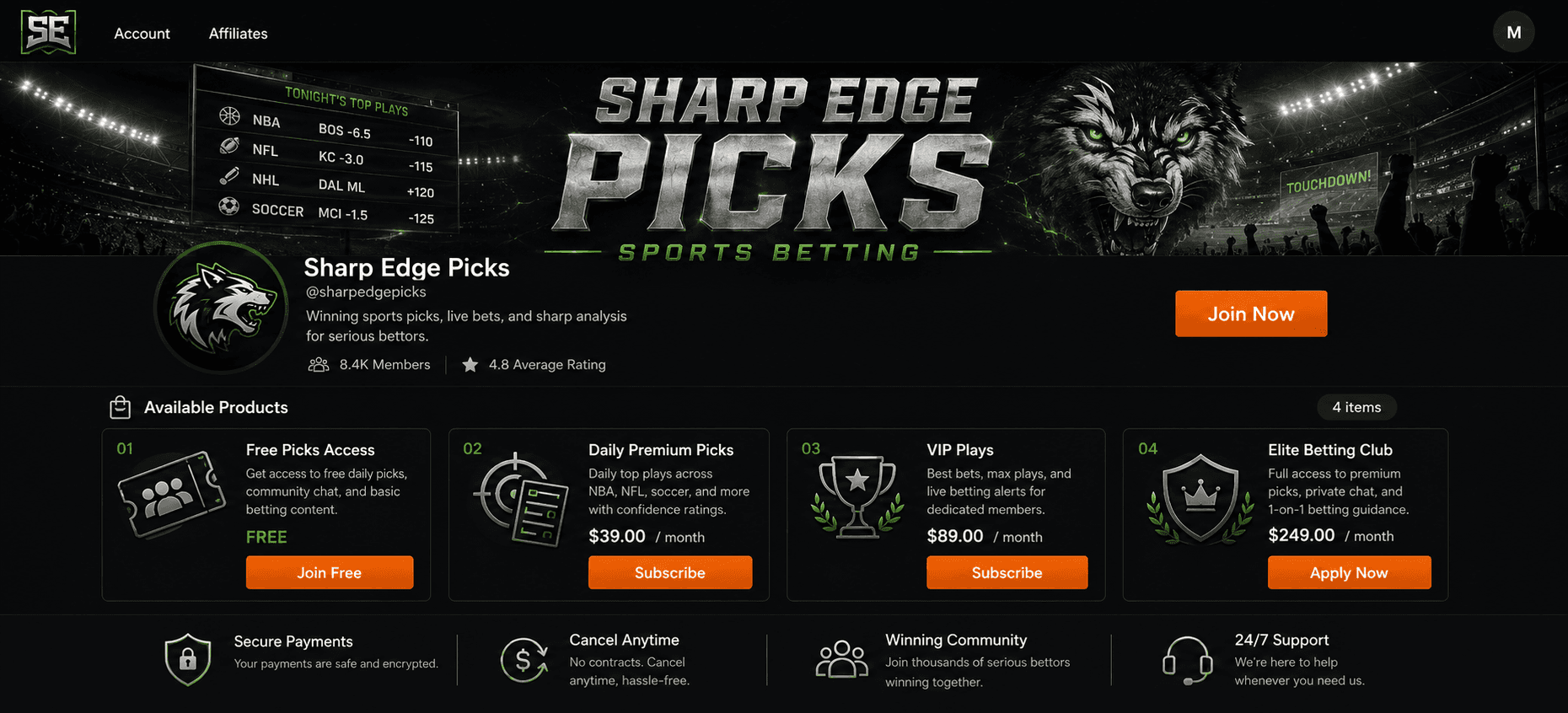 Sharp Edge Picks sports betting paid Discord storefront showing membership products and checkout options