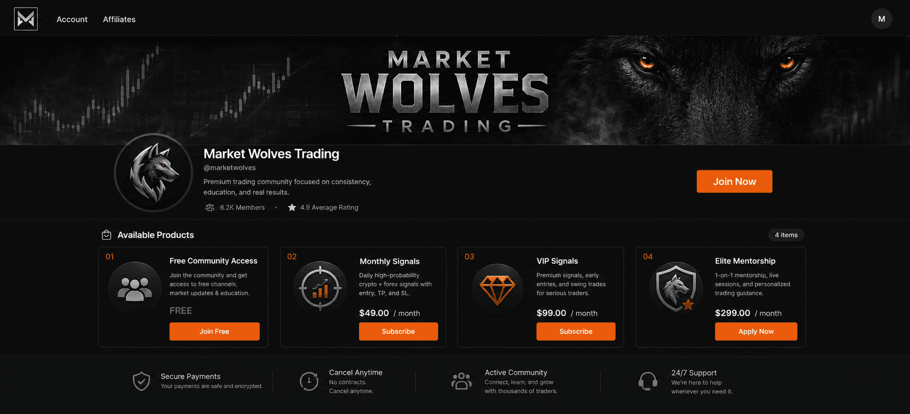 Market Wolves Trading paid Discord storefront showing trading membership products and checkout options