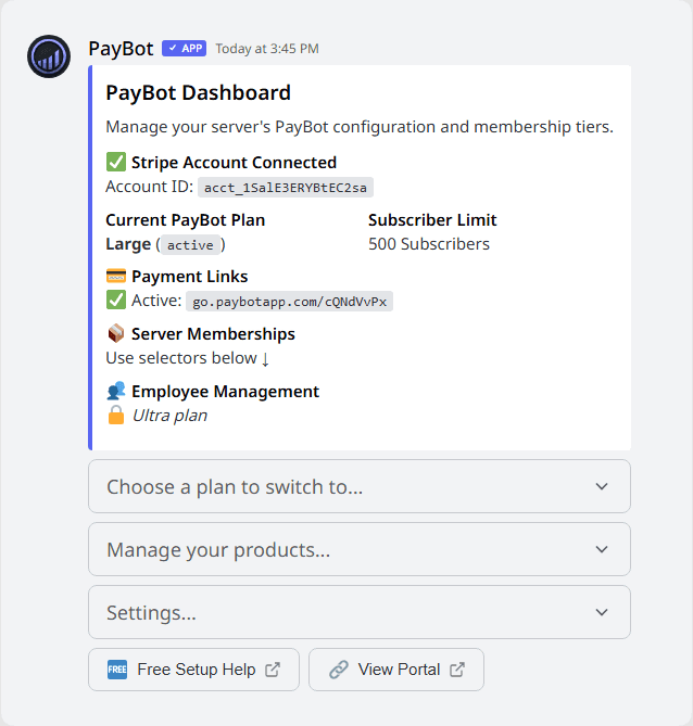 PayBot dashboard inside Discord showing a connected Stripe account, membership products, and payment links