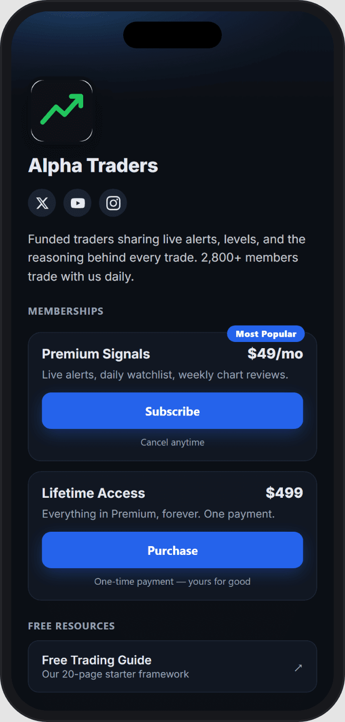 PayBot mobile storefront showing subscription and one-time purchase offers