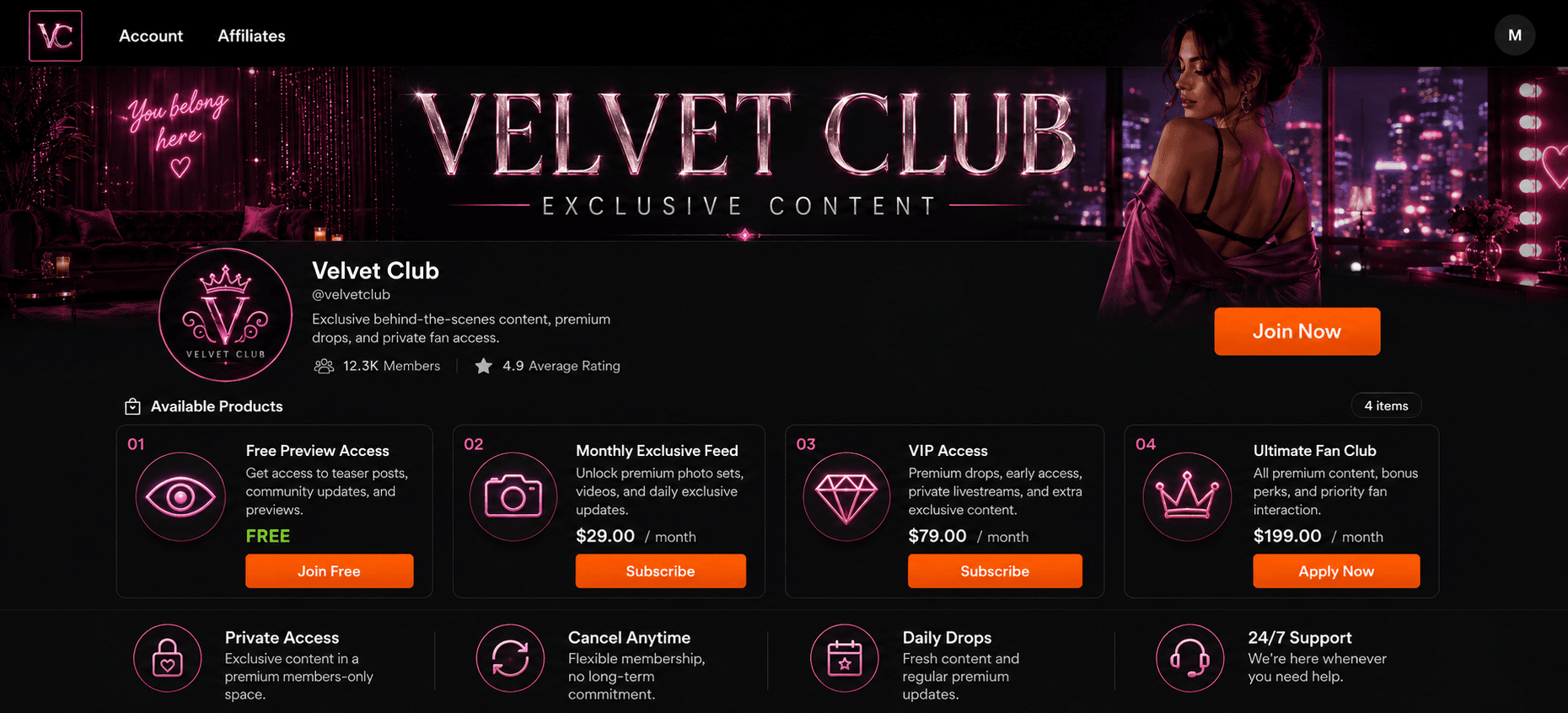 Velvet Club exclusive content paid Discord storefront showing private membership products and checkout options