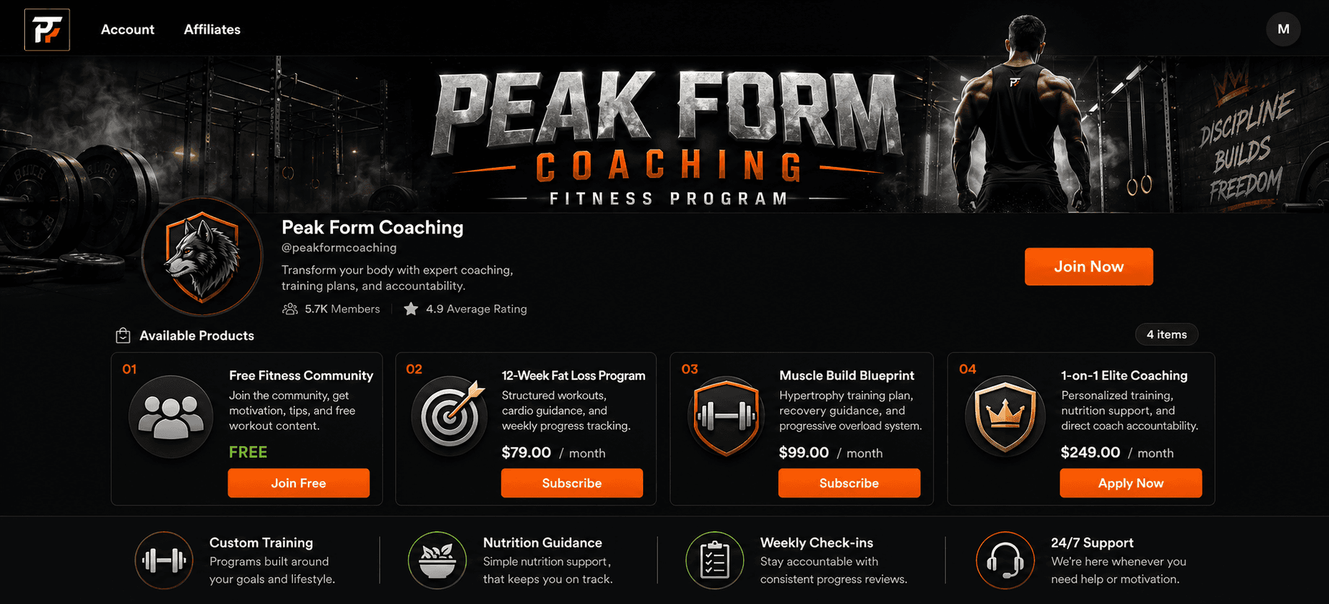 Peak Form Coaching paid Discord storefront showing fitness coaching memberships and checkout options